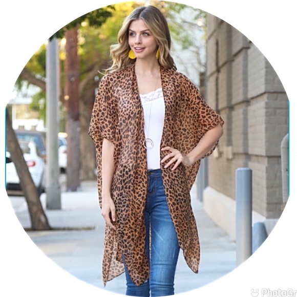 Boho Cheetah Animal Print Kimono Wrap Swim Coveup - Picture 2 of 5